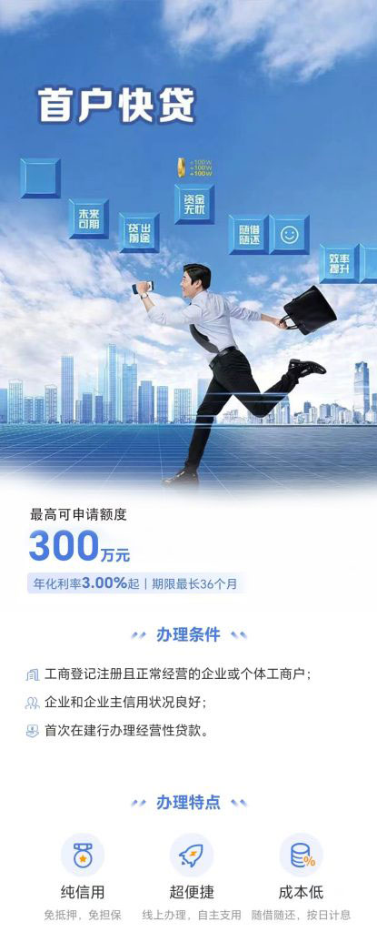 图片[1]⠂首户快贷，小微企业首次在建行办理的贷款，额度最高300万